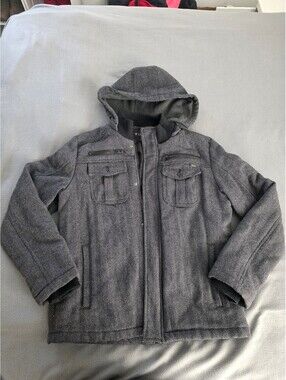 GUESS Men’s XL Gray Herringbone Hooded Jacket Coat Full Zip